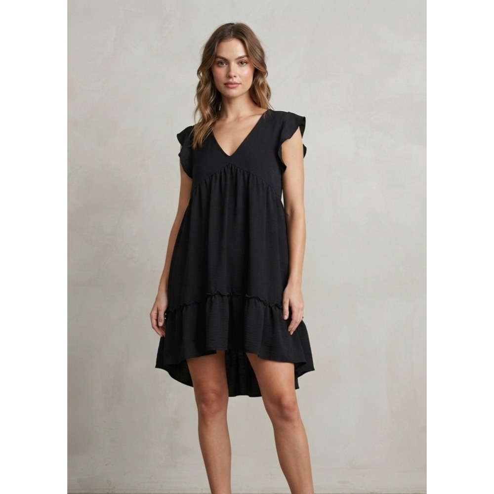 Altar'd State Boho Ruffle Flutter Sleeve Babydoll Tiered Mini Dress Black L